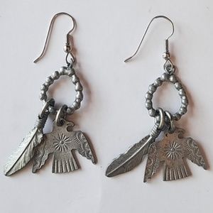 Vintage raven feather silver earrings